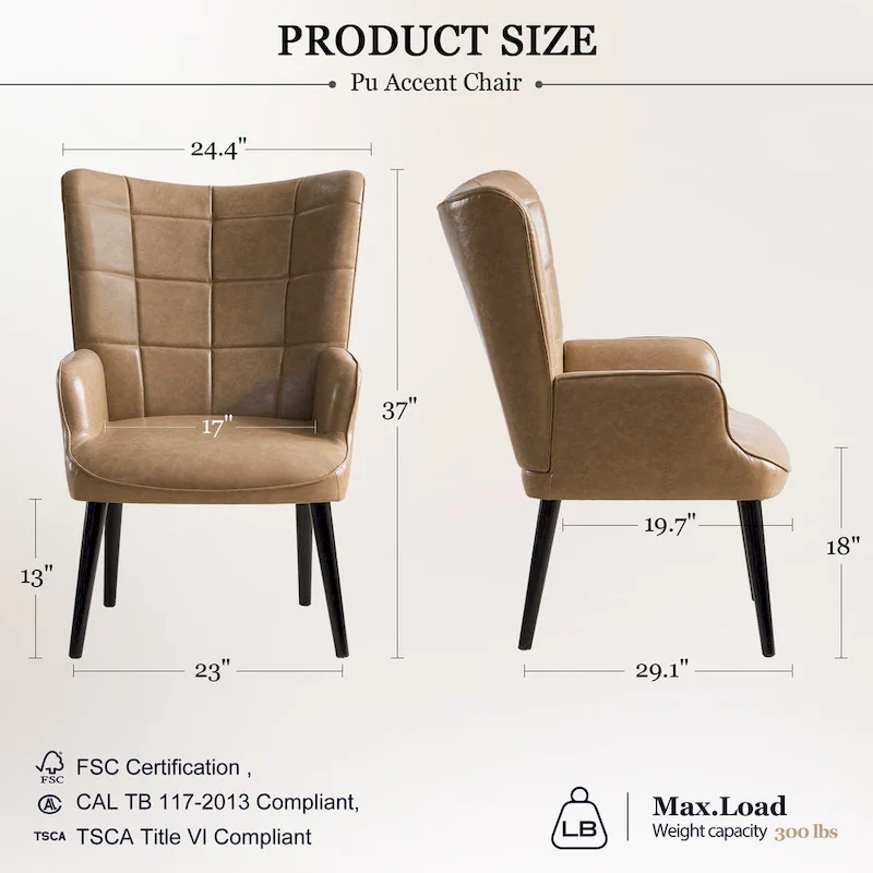 High-Back Tufted Accent Chair | Faux Leather Wingback | Solid Wood Frame | Ergonomic Armrests | 300 lbs Capacity | 37