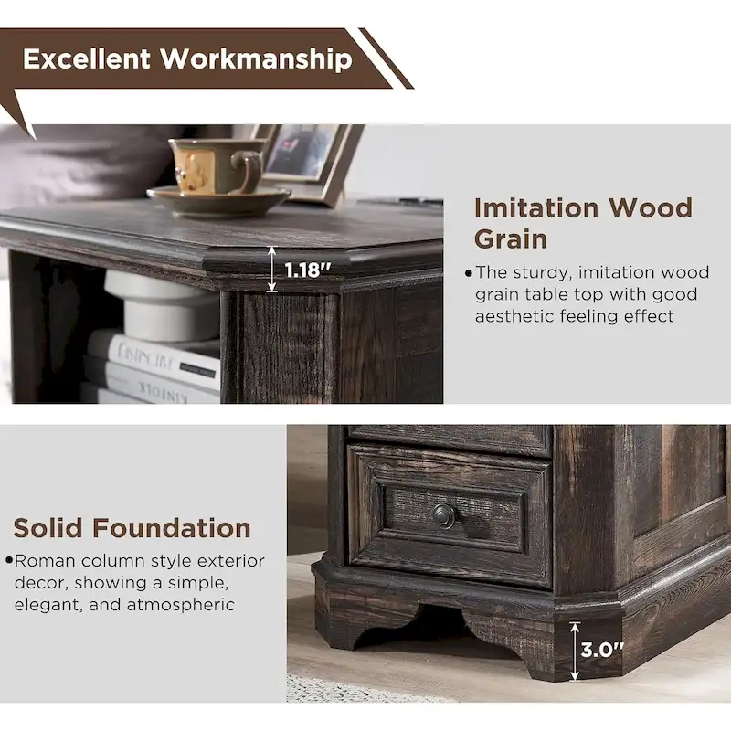 18 Farmhouse Nightstand with Charging Station, End Table,Side Table