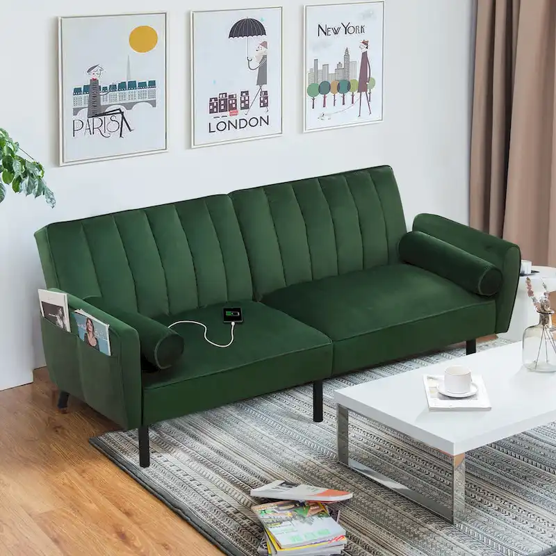 Convertible Velvet Loveseat Sofa Bed with USB Charging Port