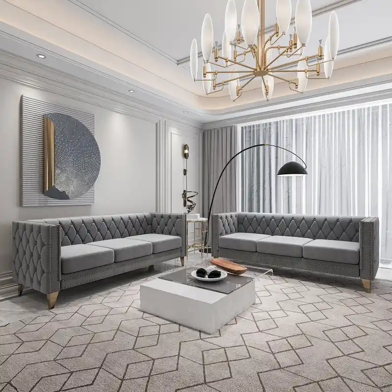 2-Pieces Velvet Upholstered 3 Seat Sofa, Classic Chesterfield Couch Buttons Tufted Square Arm Sofa with Nailheads and Metal Legs