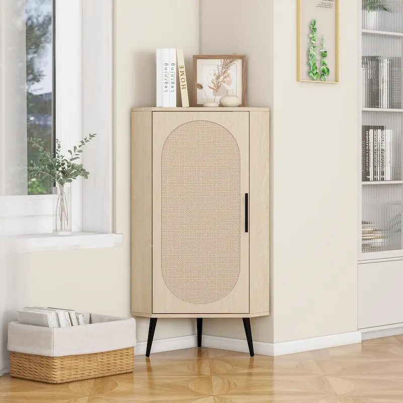 Natural Rattan Door Corner Cabinet, Freestanding, 1-Person Assembly