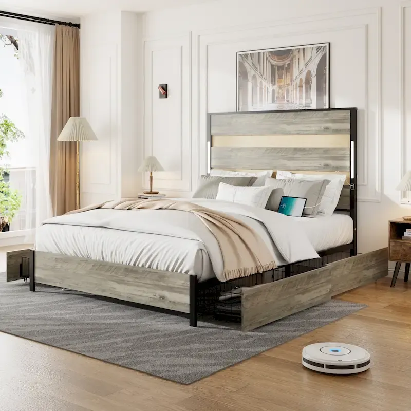 Queen Size Platform Bed with Storage Drawers and Charging Station
