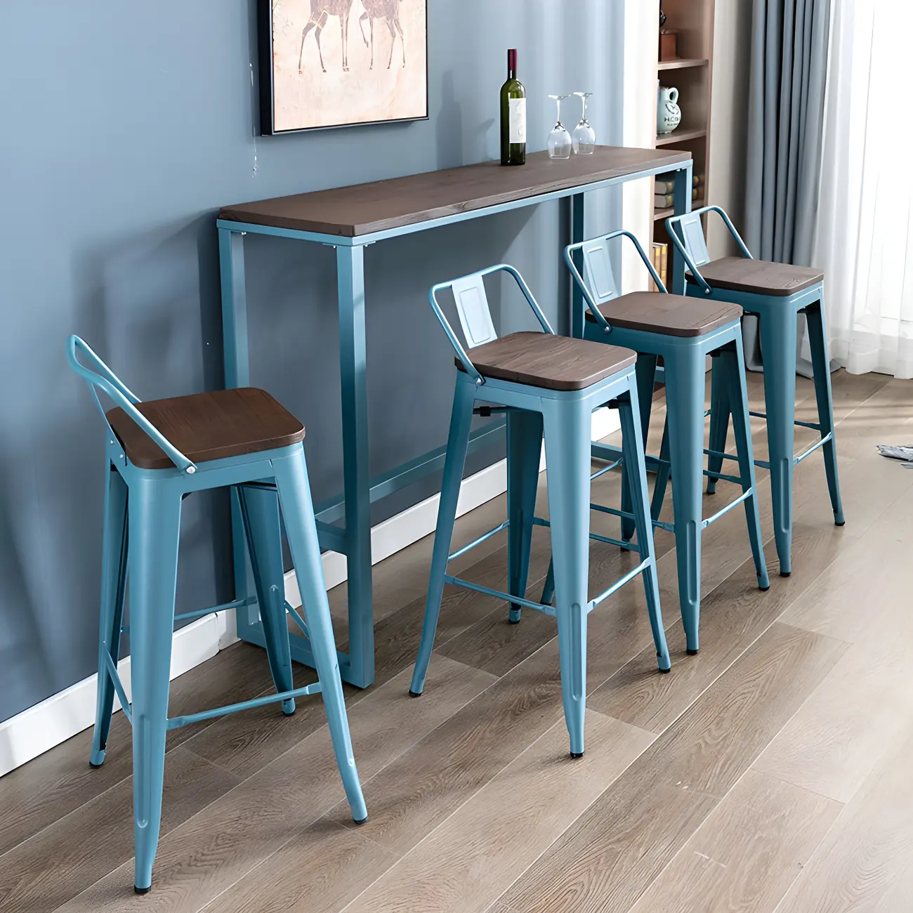 Scandinavian Brown Wood Blue Metal Footrest Bar Tables