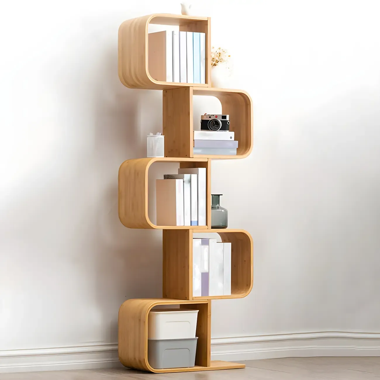 Geometric Natural Finish Bamboo Wood Vertical Bookcase