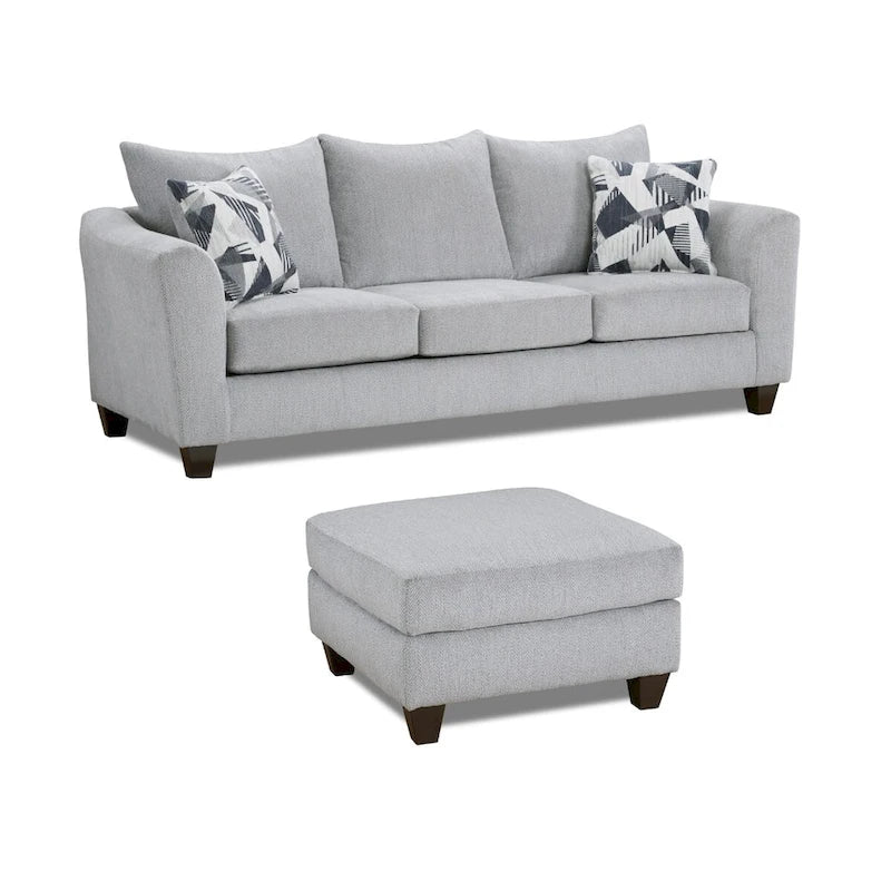 Herringbone Silver Upholstered Sofa with Cocktail Ottoman