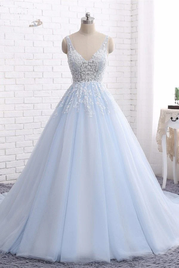 Quinceanera Dress Ball Gown Chapel Train V Neck Appliques Prom Dresses