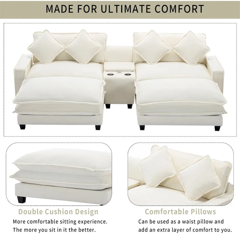 112.6  Chenille Upholstered Sectional Sofa with 2 Removable Ottoman