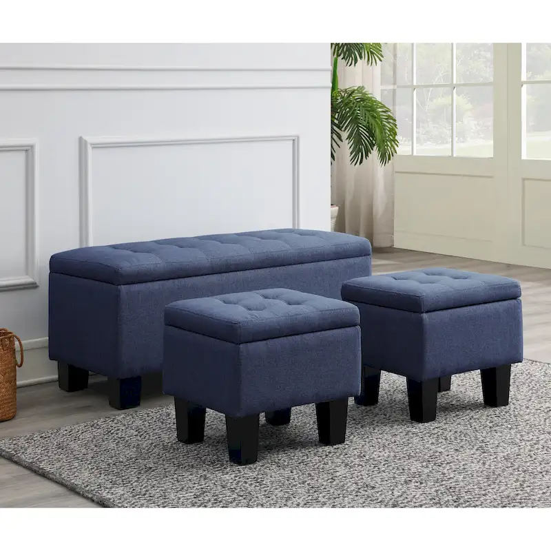 Blue / Brown Tufted Storage Bench Set, 3-Piece