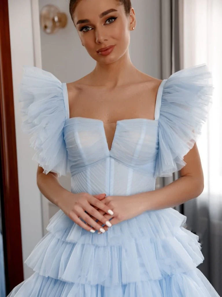 Pleated Tulle Ball Gown Ruffle Tiered Long Quinceanera Dresses