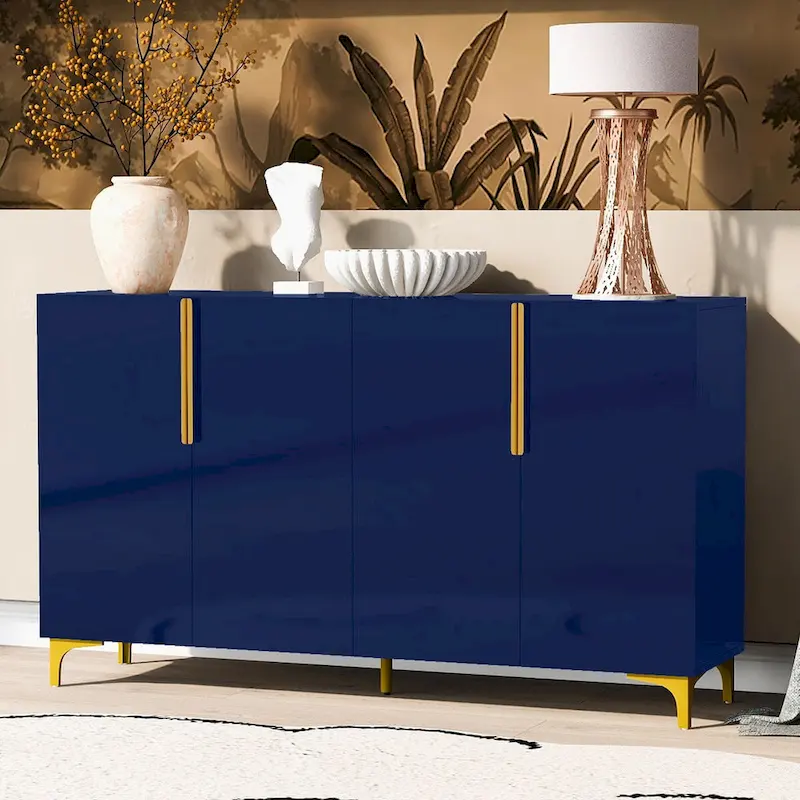 White / Black / Navy Blue Glossy 4-Door Storage Cabinet with Adjustable Shelves & Metal Handles – 1-Piece