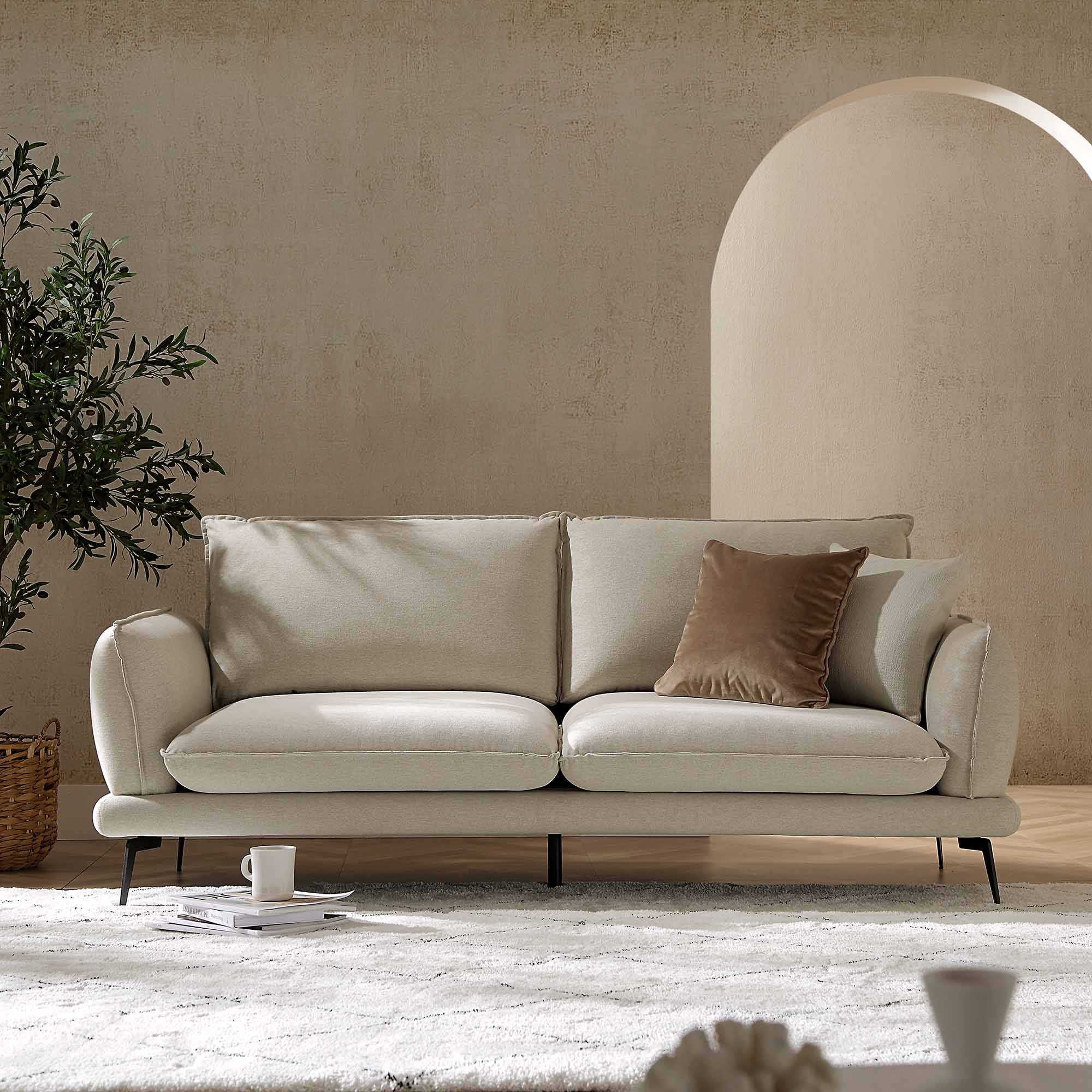 Oatmeal Fabric Sofa, 3-Seater