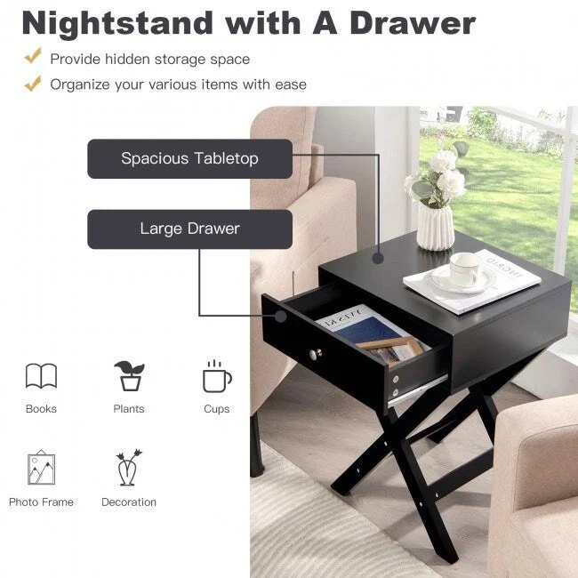 X Shaped Structure Side Nightstand with Drawer