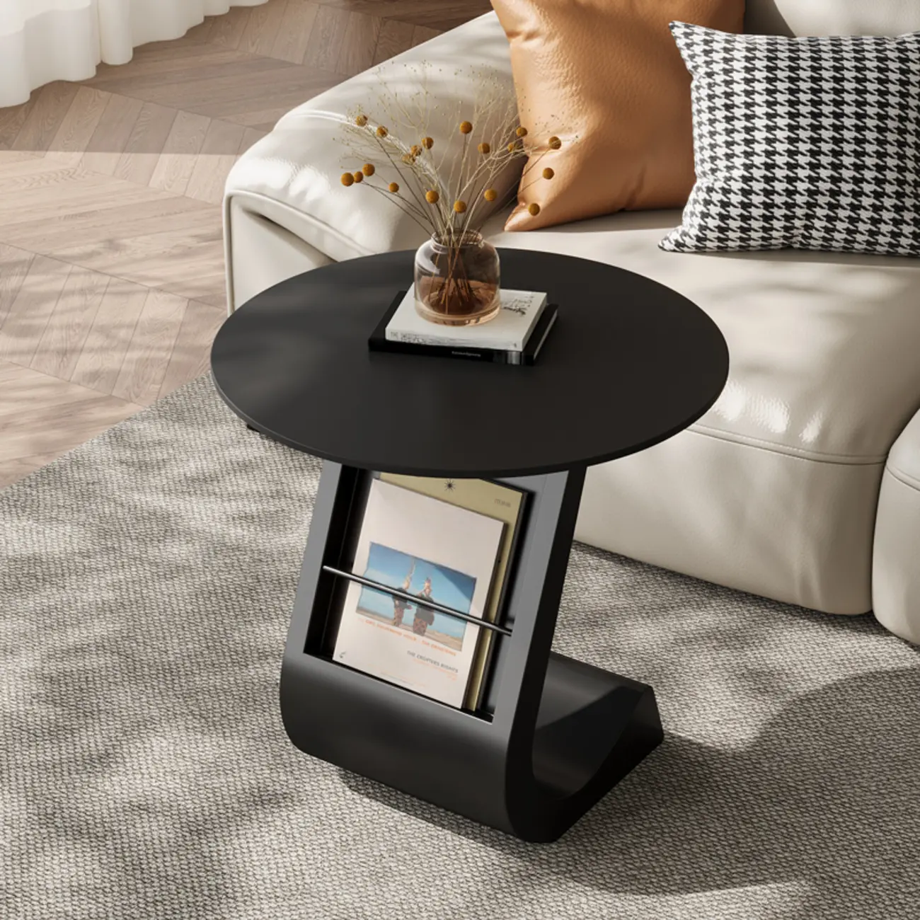 Modern Black Stone Top C-Shaped Storage Side Table