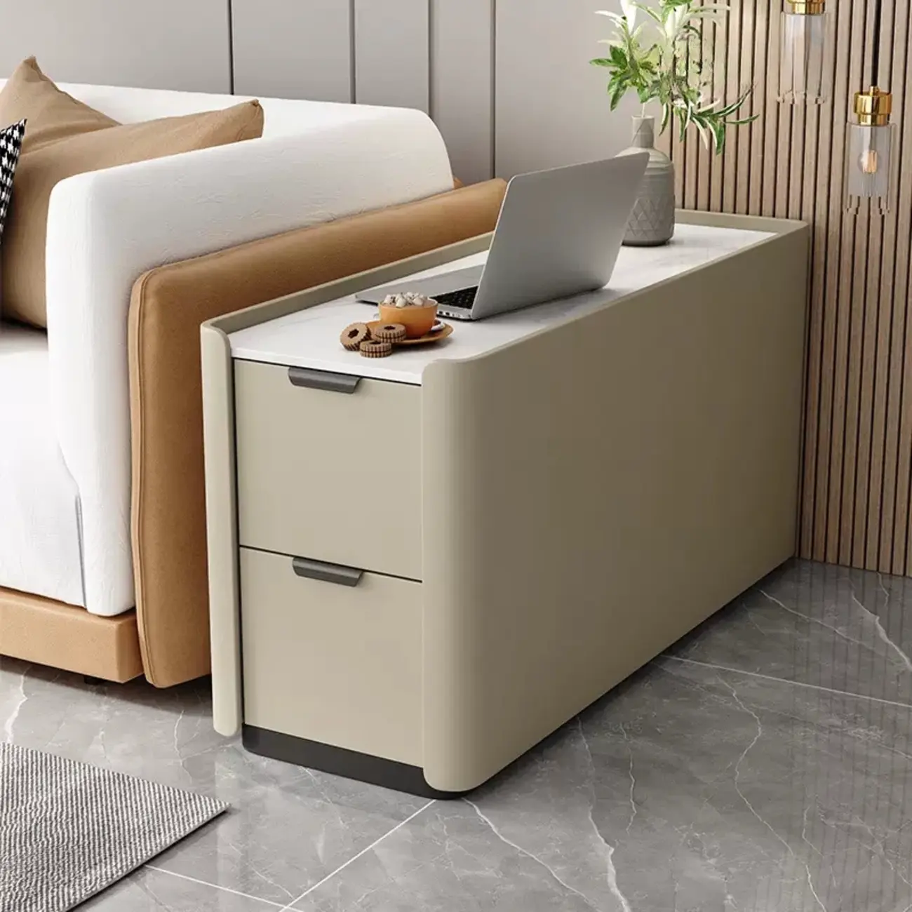 Compact Khaki Stone Top 2-Drawer Wood Block Side Table