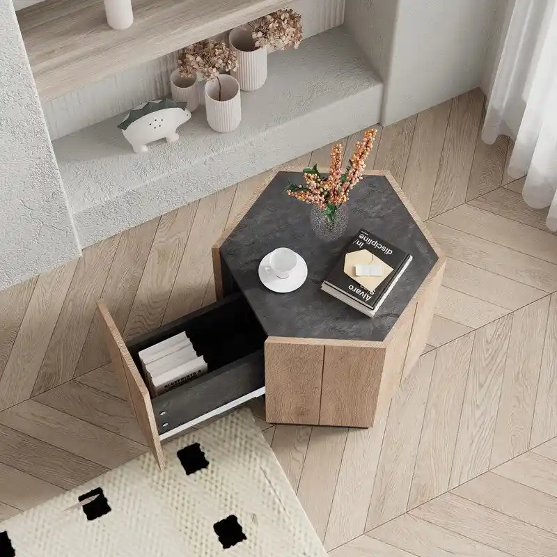 Hexagonal Garden Retro Coffee Table with 2 Drawers