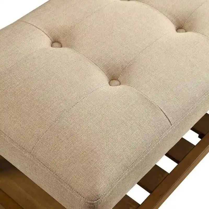 Beige & Oak Upholstered Bench – Button Tufted, Single Seat