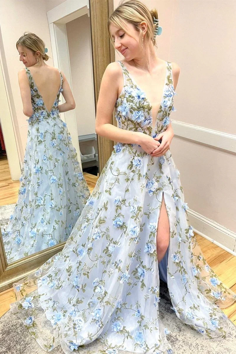 Sky Blue Organza Plunge V A-Line Long Prom Dress with 3D Floral Lace
