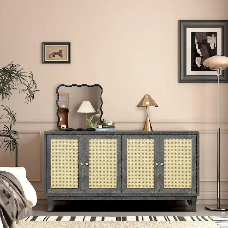 Antique Dark Grey Rattan Sideboard Cabinet with 4 Doors