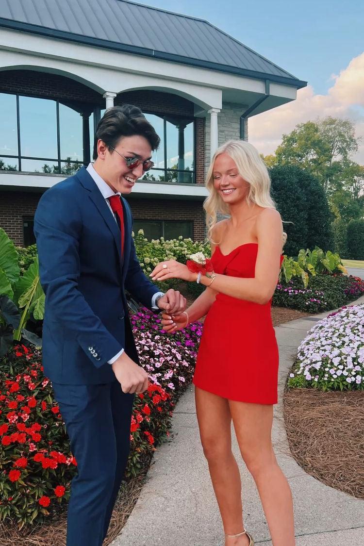 Red - Strapless A Line Short Homecoming Dresses