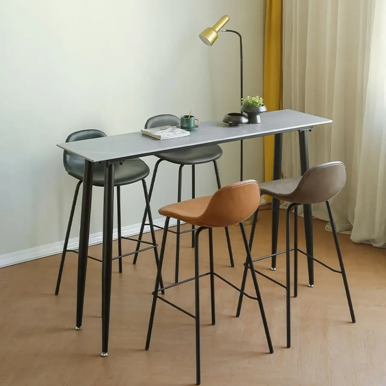 Modern Grey Travertine Top Metal Legs Bar Table for Dining Room