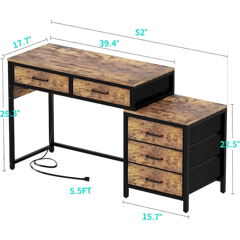 55 Computer Desk with 5 Fabric Drawers,Home Office Desk with Power Outlets  Printer Stand