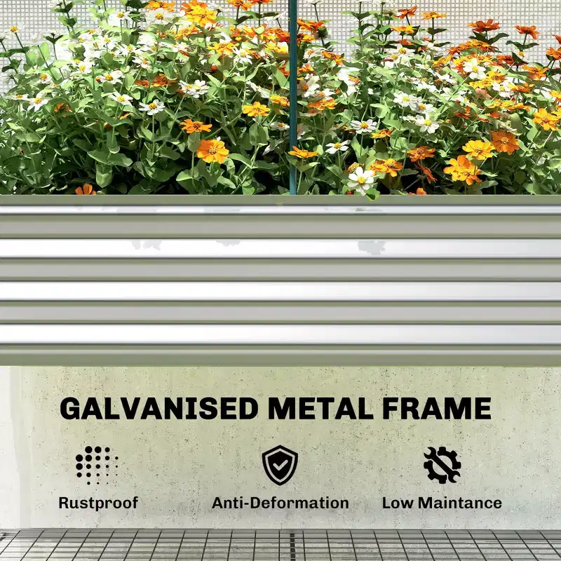 Outsunny Galvanised Raised Garden Bed with Greenhouse Cover, Metal Elevated Garden Bed with Bed Liner and Bottom Shelf