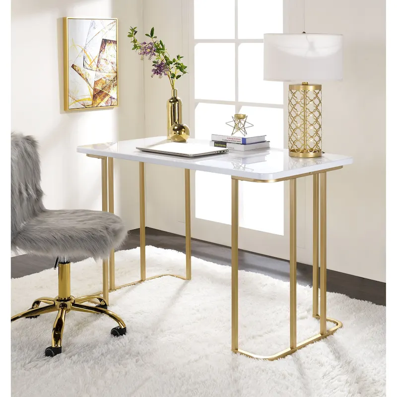 White & Gold Rectangular Writing Desk with Open Metal Base