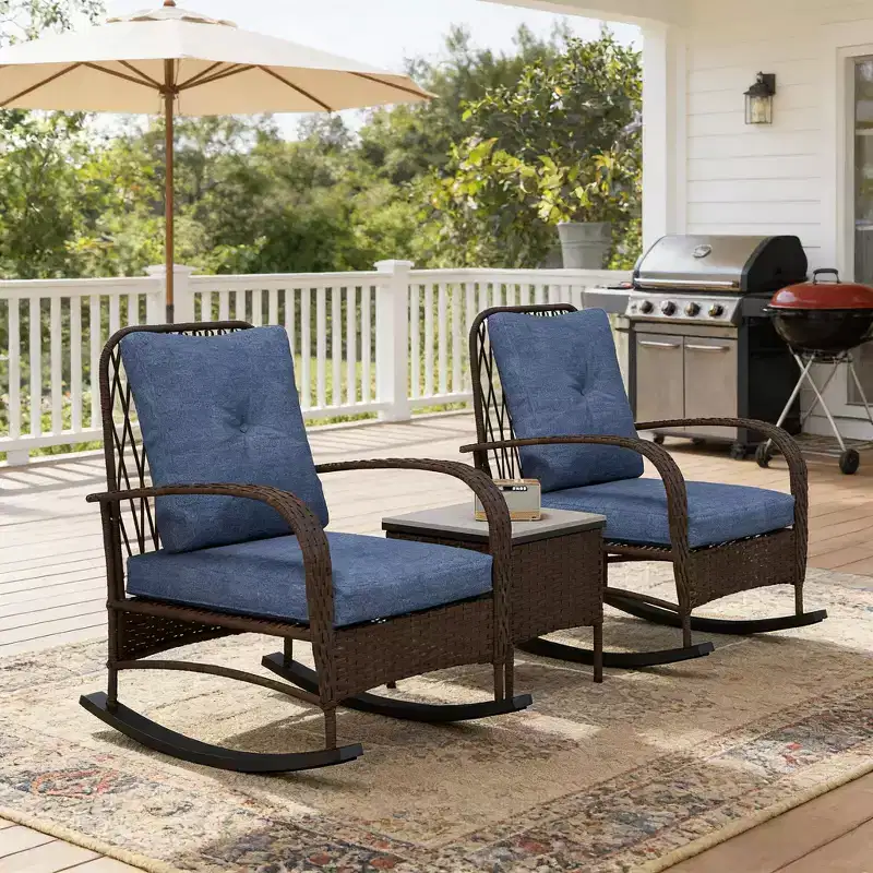 GDFStudio Belmont 3-Piece Patio Bistro Set with Rocking Chairs and Wicker Table