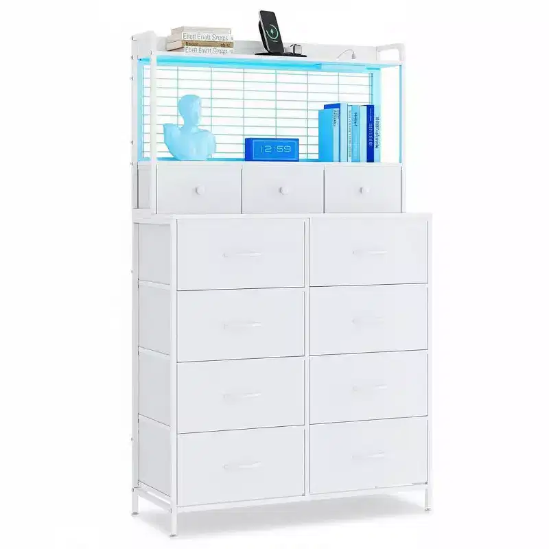 Acekool Smart Dresser, 11 Fabric Drawers, Charging Station w/ 2 AC 2 USB & Wireless Pad, App-Controlled RGB LED Lights, Anti-Tip, Brown