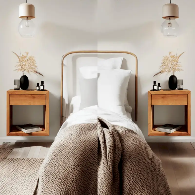 Set of 2 - Handmade Solid Oak Floating Nightstands with Drawer, Side Tables