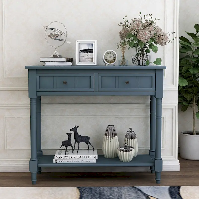 Console Table with 2 Drawers and Bottom Shelf - Solid Pine Wood