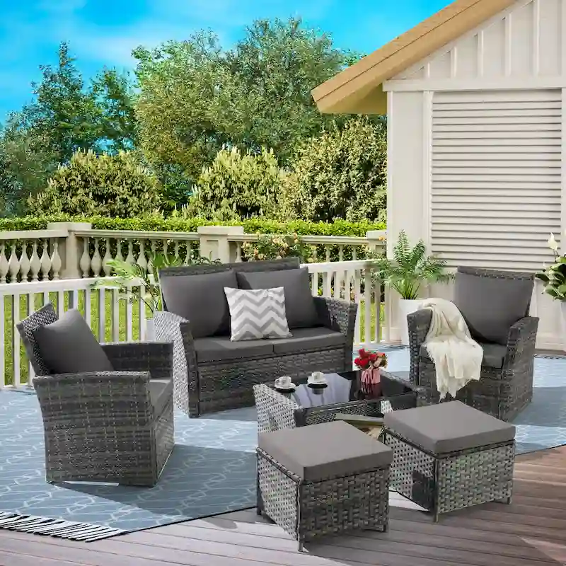 6-Piece Outdoor Patio Rattan Sectional Sofa Set with Glass Table