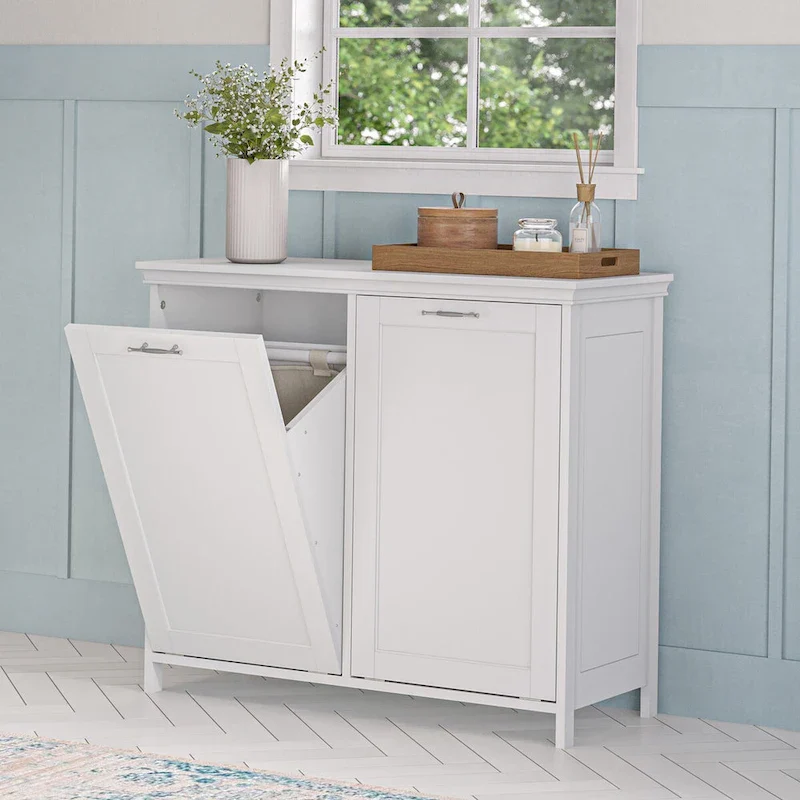 White Painted Double Tilt-Out Laundry Hamper Cabinet, 2-Compartment