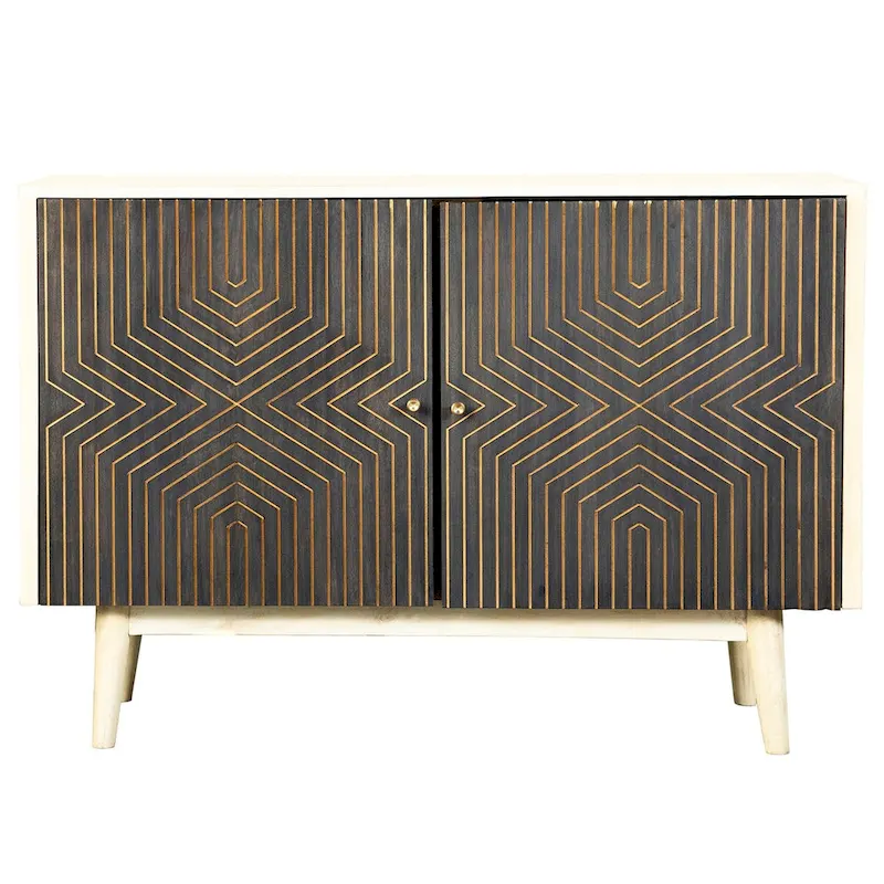White Washed & Black 2-Door Accent Cabinet with 4 Shelves