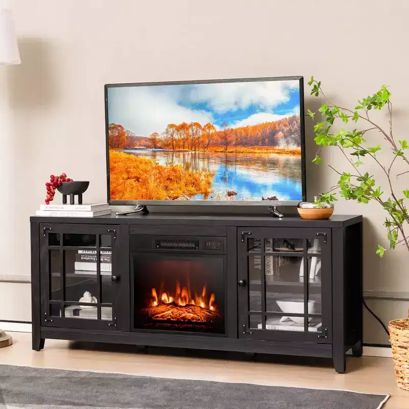 Costway 58 Inches Fireplace TV Stand for TVs up to 65 Inches with 1400W Electric Fireplace Black/Naturl/White