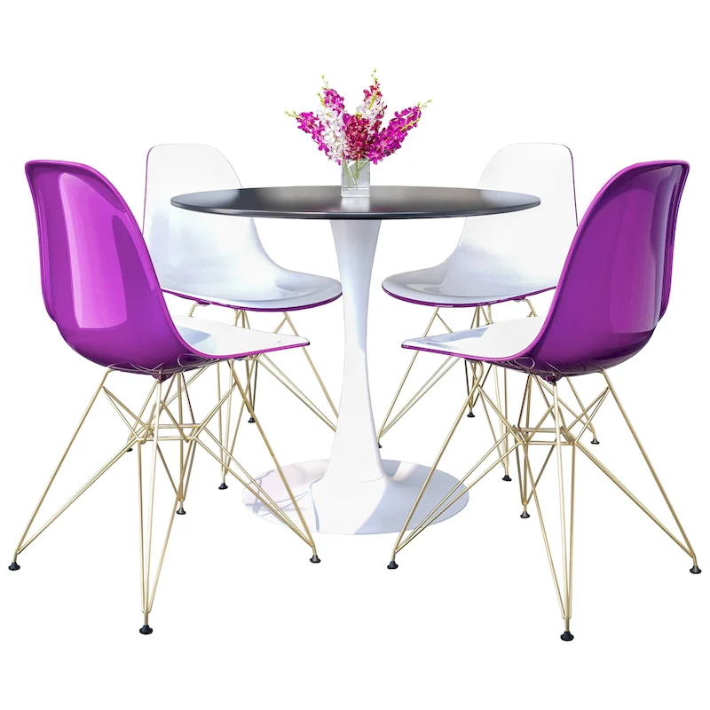 White/Gold Round Dining Table Set, 5-Piece, Seats 5