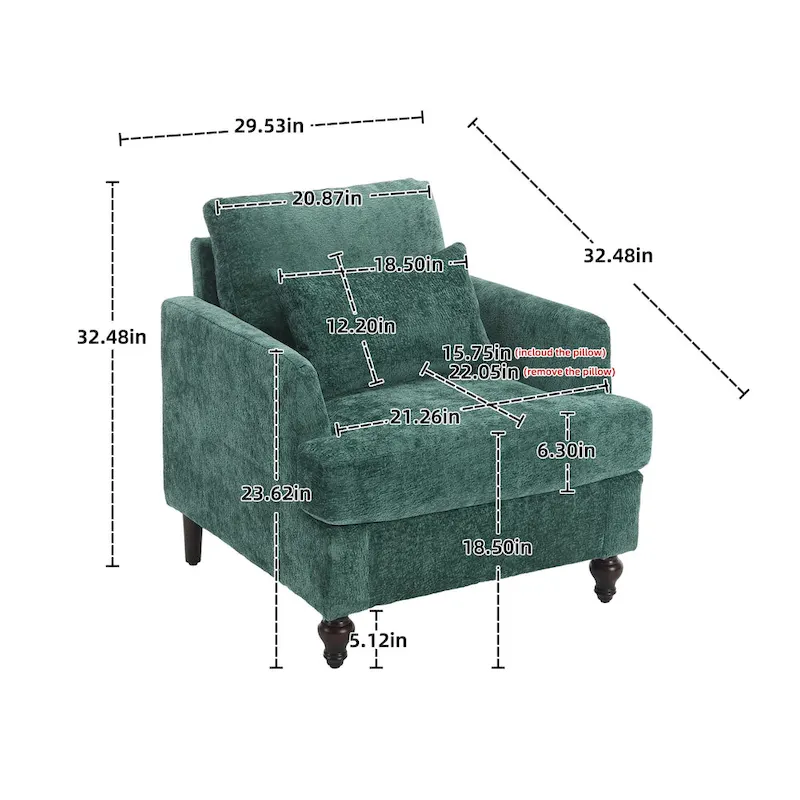 Emerald Modern 29.53  Chenille Upholstered Arm Chair with Solid Wood Frame and Pillows