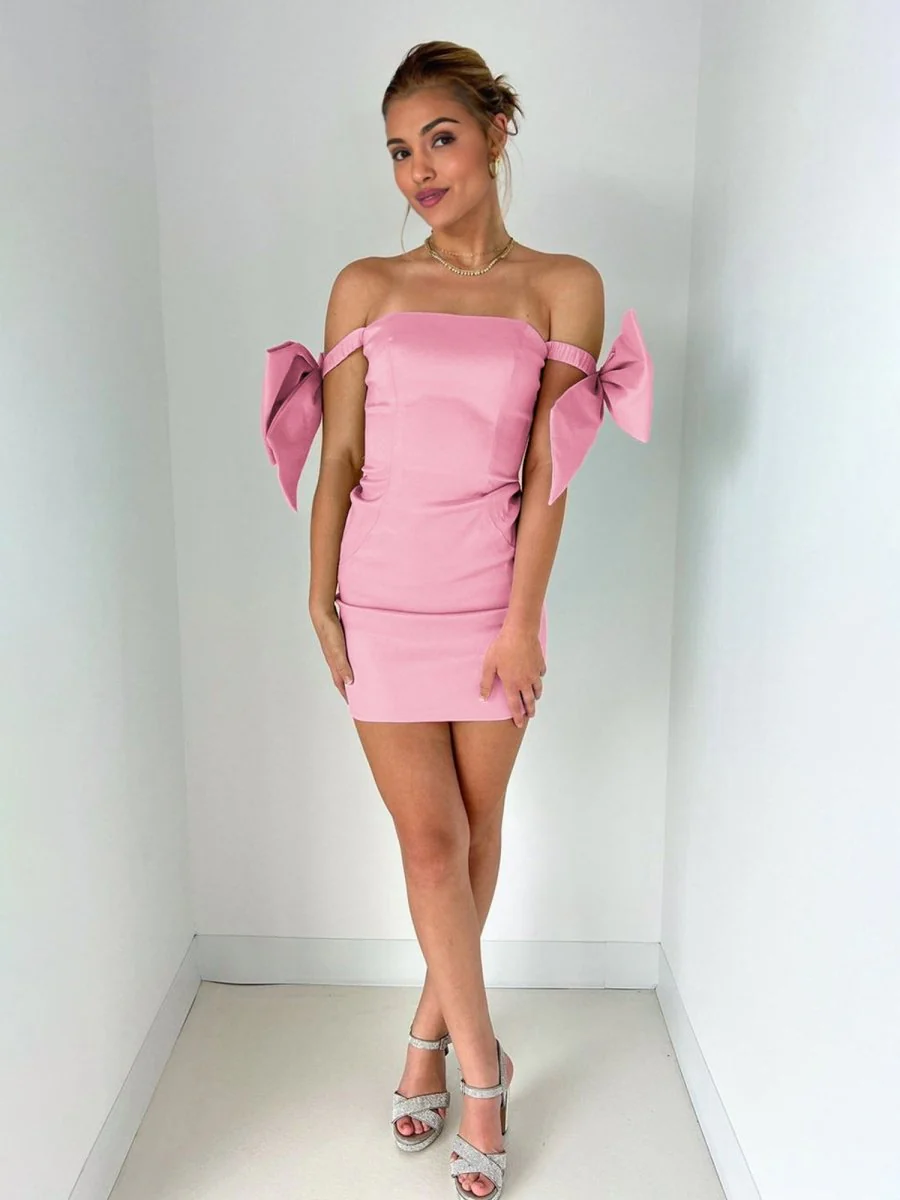 Pink - Bodycon Off The Shoulder Satin Short Tight Homecoming Dresses With Bows