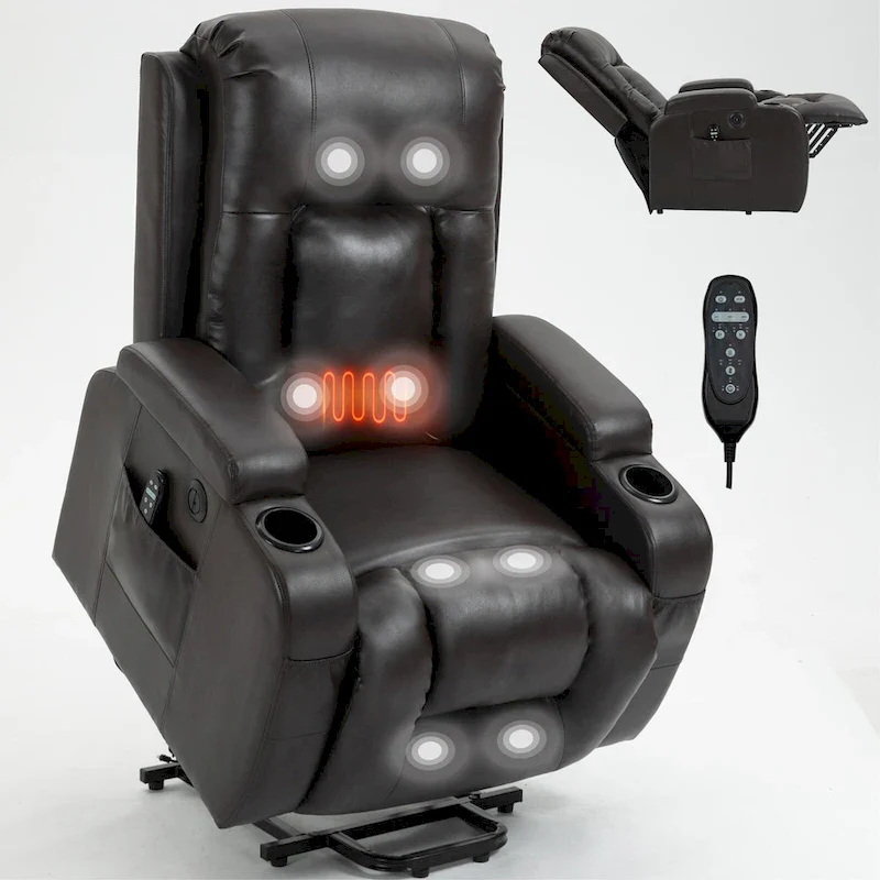 Power Lift Recliner with Massage, Heat and Cup Holders – Black / Brown, Single