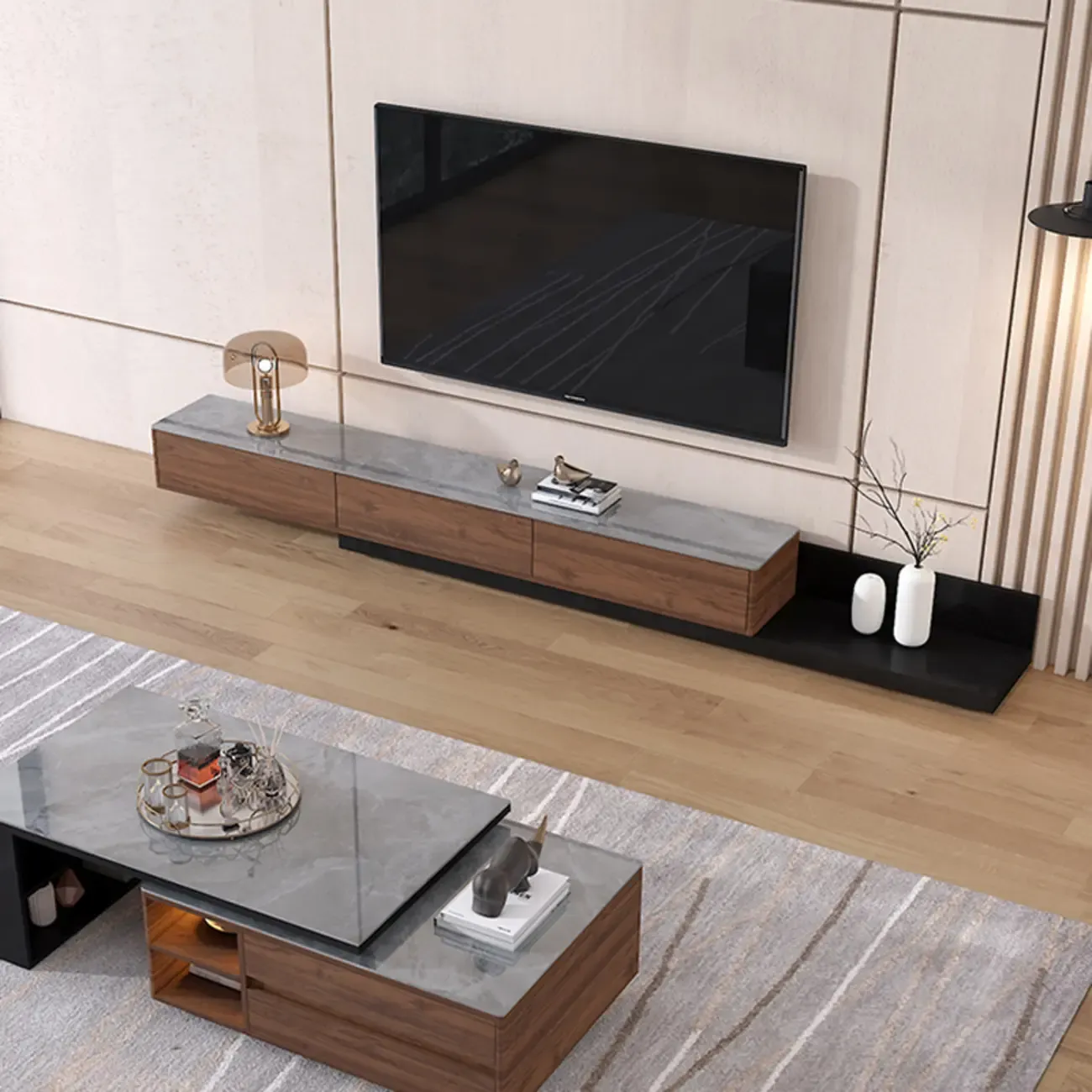 71 Walnut-Black Modern Stone TV Console with Drawers