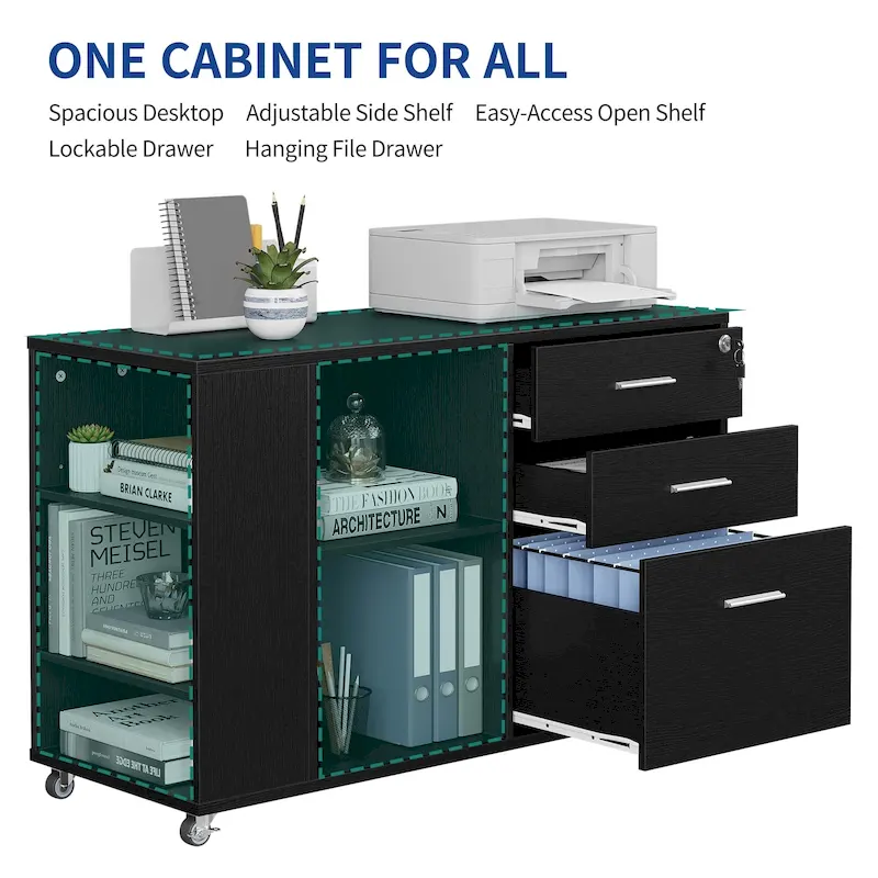 Brown Mobile Wood Lateral File Cabinet with Charging Station & Lock