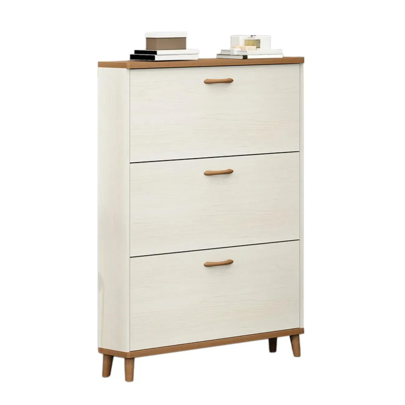 Narrow Beige Solid Wood Drop Front Shoe Cabinet