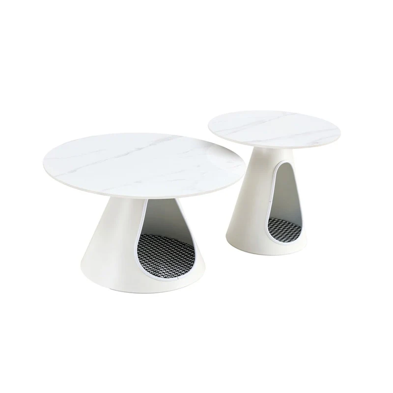 Coffee Round Tables With Marble-Look Top and Steel Base with Cat Beds - Multifunctional