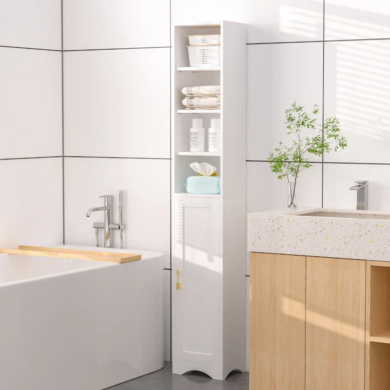 VECELO 70.9 Inches Tall Bathroom Narrow Linen Cabinet, 8 Tiers Solid Wood Freestanding Storage Cabinet