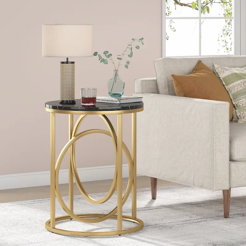 20 in. Marble White Round Wood End Table with Gold O-shaped Base