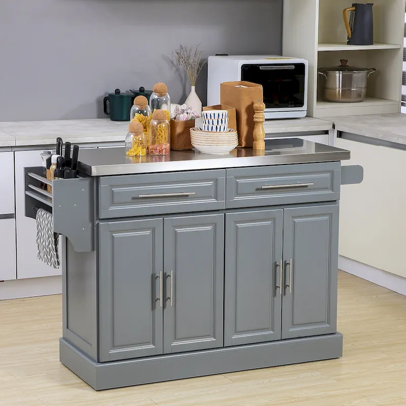 Grey Rolling Kitchen Cart with Wood Top & Storage Drawers