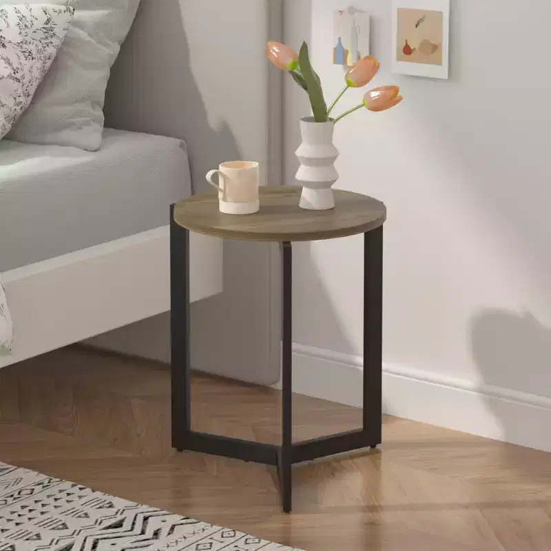 GDFStudio Barret 19.68''H Wood Round End Table with Sturdy Metal Frame