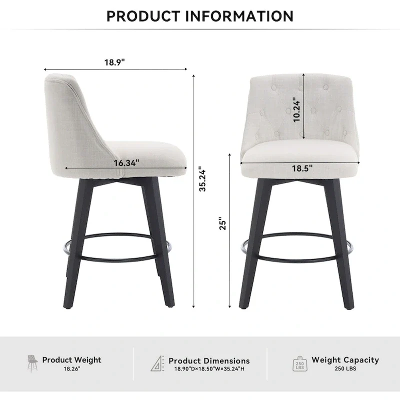 Modern Swivel Linen Upholstery Bar Stools Set of 2, with Button Tufted Back and Solid Wood Frame