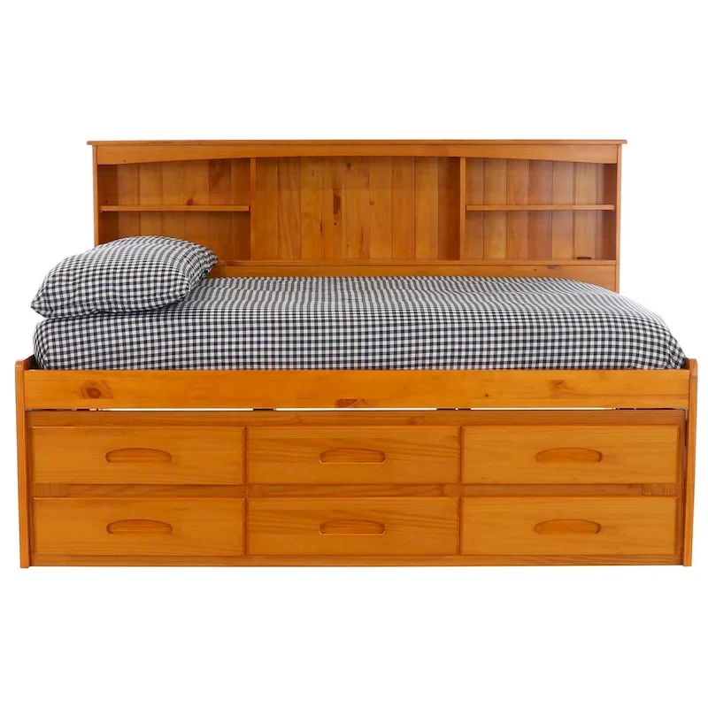 OS Home and Office Furniture Solid Pine Full Daybed with Six Drawers in Warm Honey