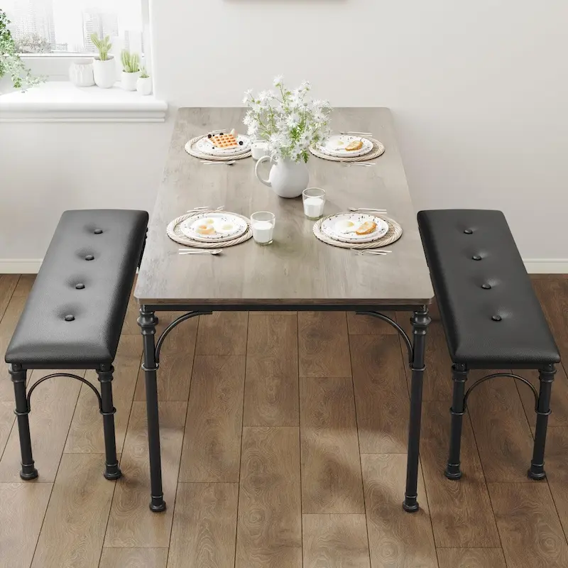 Grey/Brown Industrial-Style Dining Table Set for 4 (1 Table + 2 Benches)